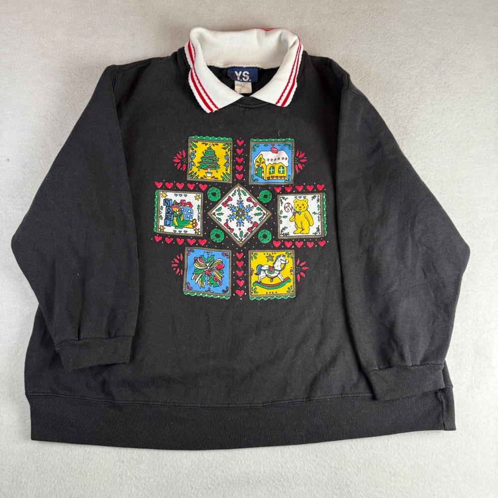 Vintage YS America Christmas Sweatshirt Black Collared Holiday Graphic XL
